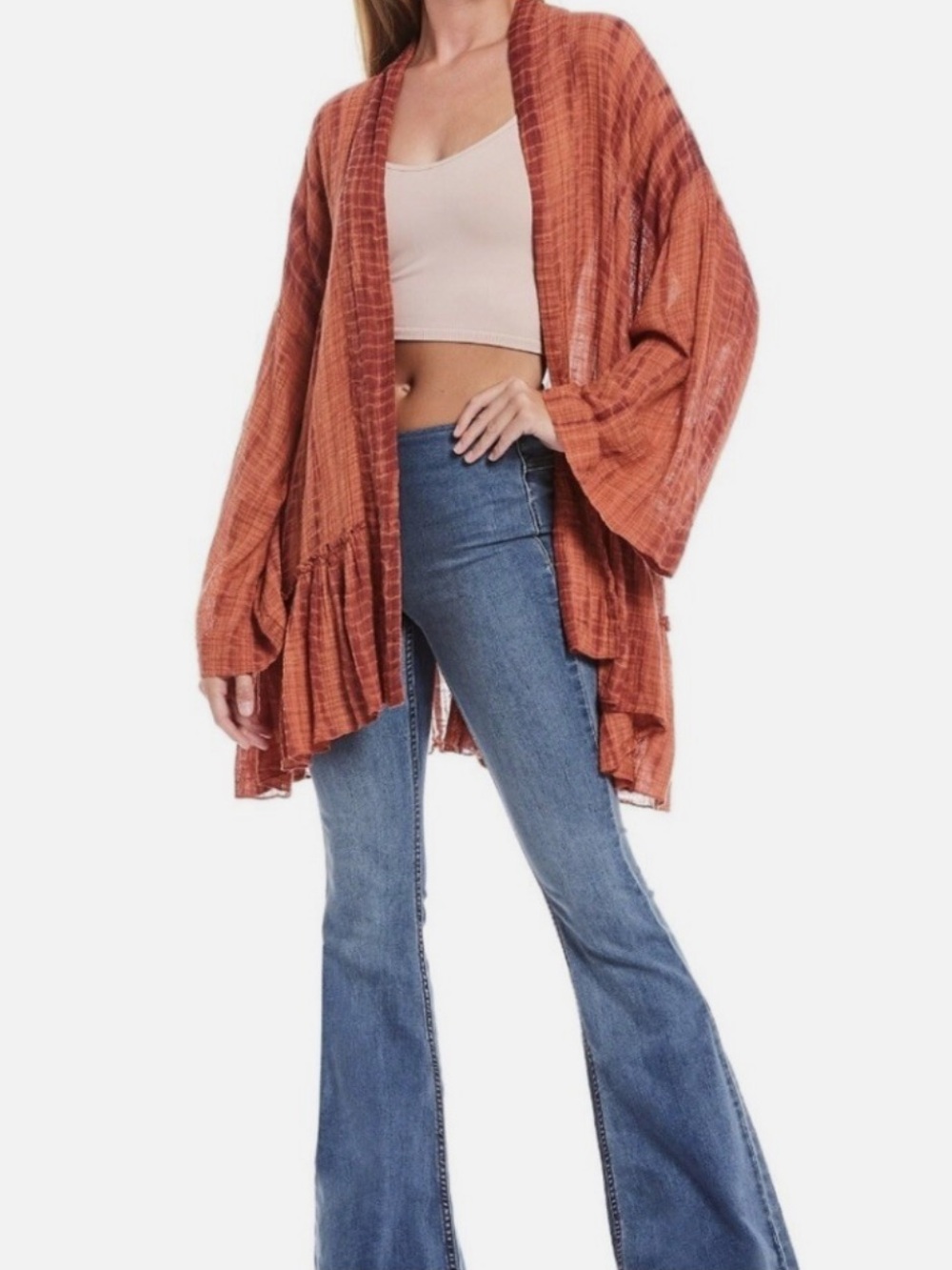 Free People FP One Sasha Kimono Gauze Belted Cardigan Boho Hippie Coral Purple